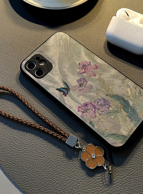 适用vivo iqoo neo7 iqoo13 neo6se手机壳neo5活力版12pro硅胶创意皮革纹防摔软保护套挂绳新款紫色花朵蝴蝶