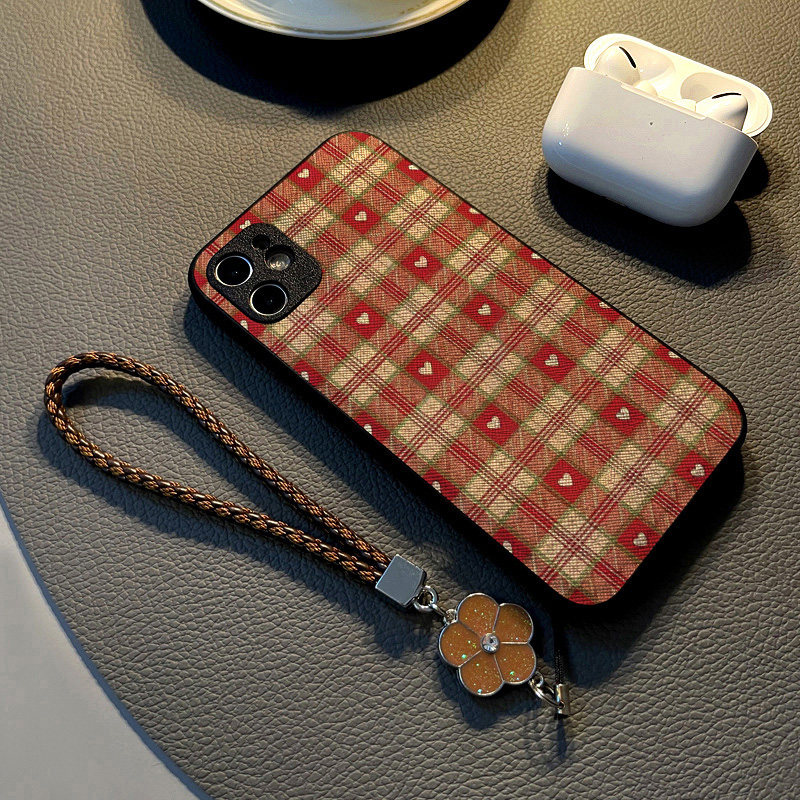 适用小米红米note13 12pro 11t/11/10手机壳硅胶创意note14 pro皮纹全包防摔软保护套女挂绳新款爱心红绿格子