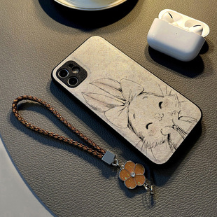 适用oppofind x8 x7 x6 x5 pro/x9/Find X8 Pro手机壳硅胶创意皮纹全包防摔保护套女挂绳新款素描托腮兔子