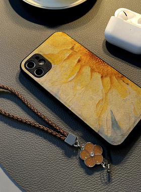 适用华为nova 13 12 pro/nova14 9/7se/6手机壳nova11女15硅胶创意皮革纹防摔软保护套挂绳新款油画黄色花朵