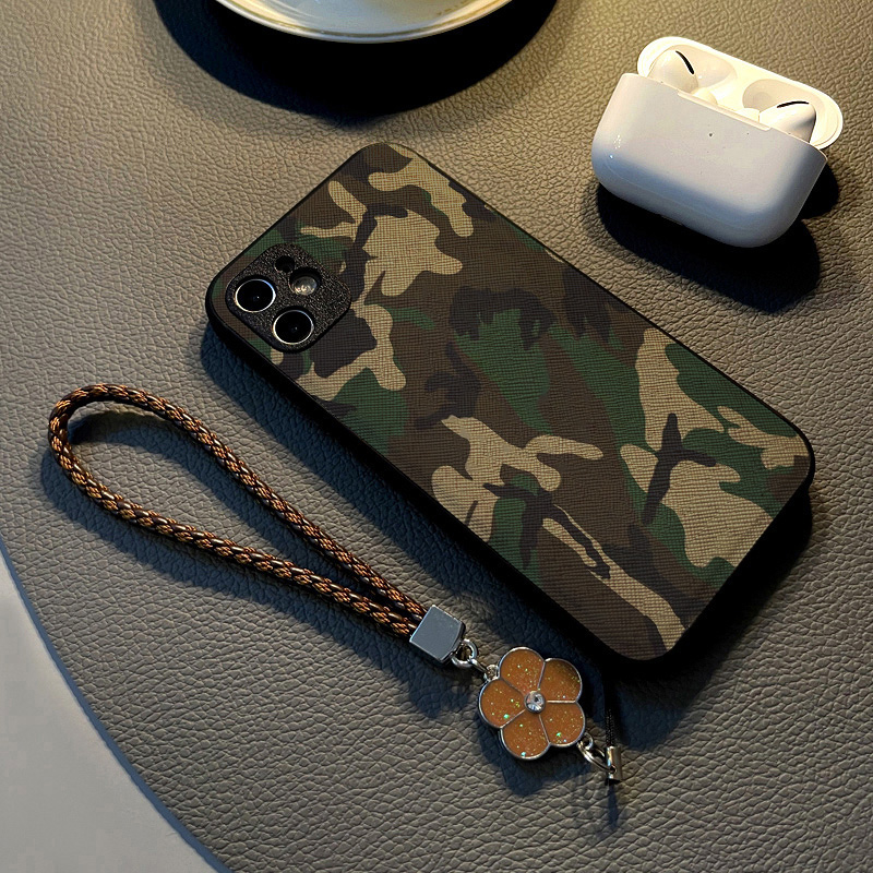 涂鸦军绿迷彩适用12/15Pro/Max苹果X/XS/XR/13手机壳iPhone14女8p硅胶创意皮革纹全包防摔保护套挂绳mini潮牌