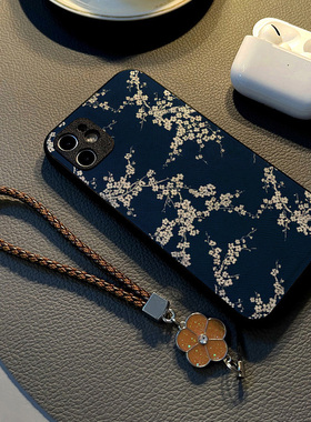 适用opporeno15/10pro/7/6pro/reno8/4se/5手机壳reno9硅胶2z创意个性皮纹防摔保护套女挂绳创意蓝底白色梅花