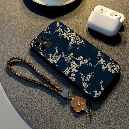 适用opporeno15/10pro/7/6pro/reno8/4se/5手机壳reno9硅胶2z创意个性皮纹防摔保护套女挂绳创意蓝底白色梅花
