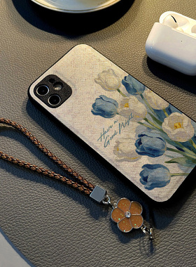 适用小米红米note13 12pro 11t/11/10手机壳硅胶创意note14 pro皮纹全包防摔软保护套女挂绳新英文蓝白郁金香