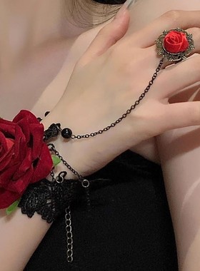 红色玫瑰戒指手链一体复古设计花朵手环蕾丝手腕饰品