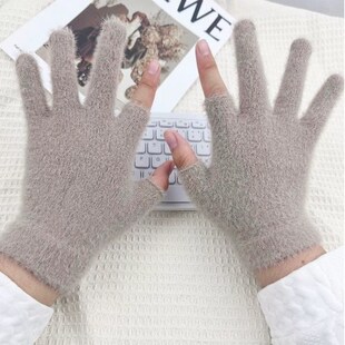 漏指头保暖手套女士冬季加厚毛绒防寒可爱学生露二指触屏骑车手护