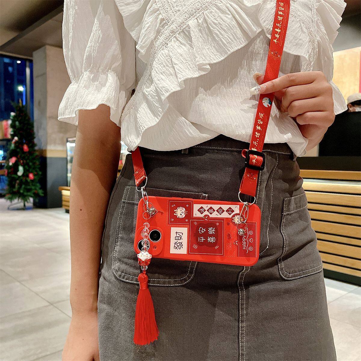 适用于华为mate60手机壳少女新款mate60pro可爱本命年mate60pro+带红色挂绳mate50e斜挎背带全包防摔软保护套