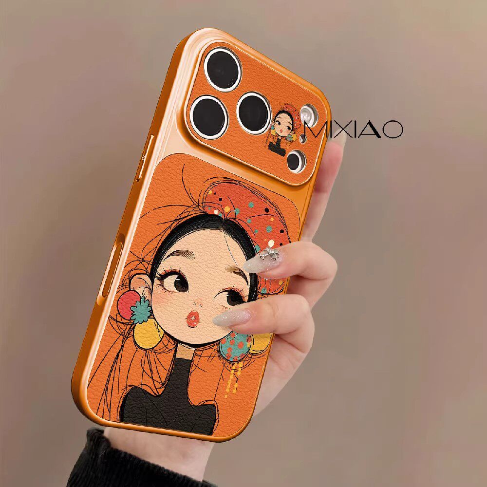 适用苹果17promax手机壳女新款iPhone17 16 15高级感橙色女孩17air小羊皮17pro卡通16plus防摔大视窗软保护套