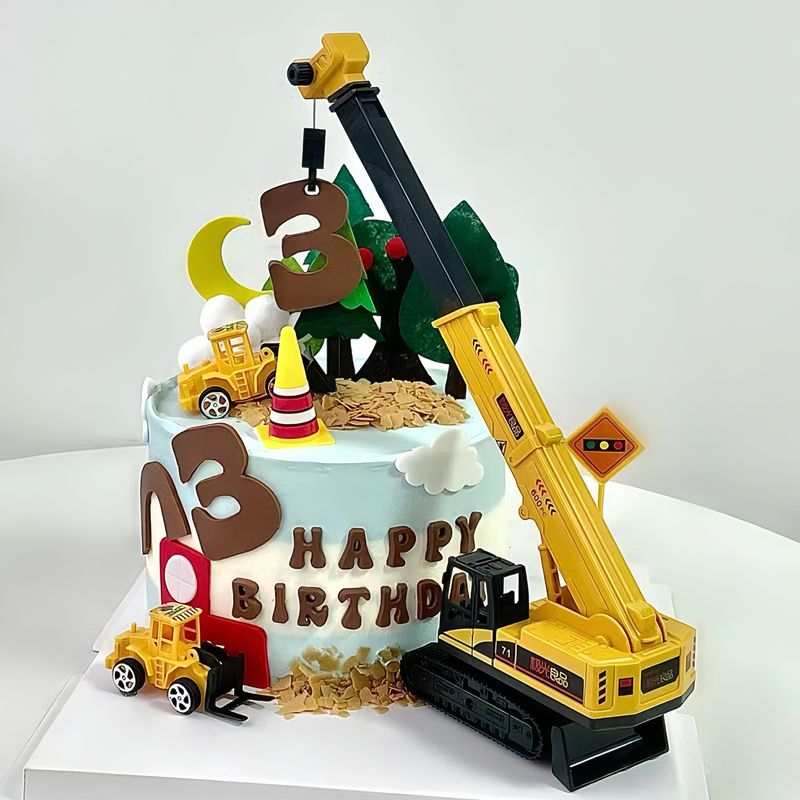 大号吊车蛋糕装饰挖掘机推土机工程车男孩指路牌路障塔吊烘焙插件