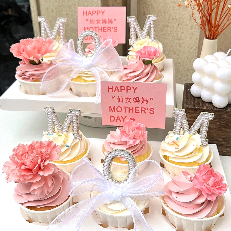 母亲节烘焙蛋糕装饰插牌水晶MOM仙女妈妈康乃馨郁金香纸杯小插件