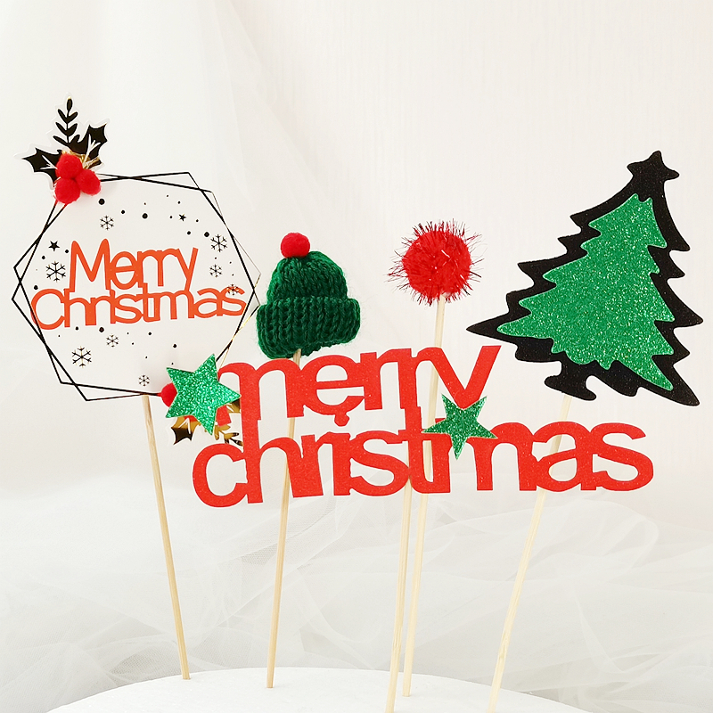 圣诞节快乐烘焙蛋糕装饰插牌Merry Christmas圣诞树毛球帽子插件