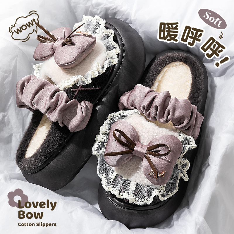 欧式紫色蝴蝶结棉拖鞋2025新款秋冬季甜美可爱室内家居毛绒可爱女