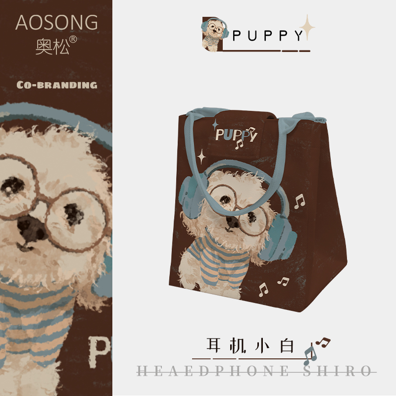 奥松原创耳机小白可爱帆布上班通勤带饭餐包保温便当袋手提饭盒包