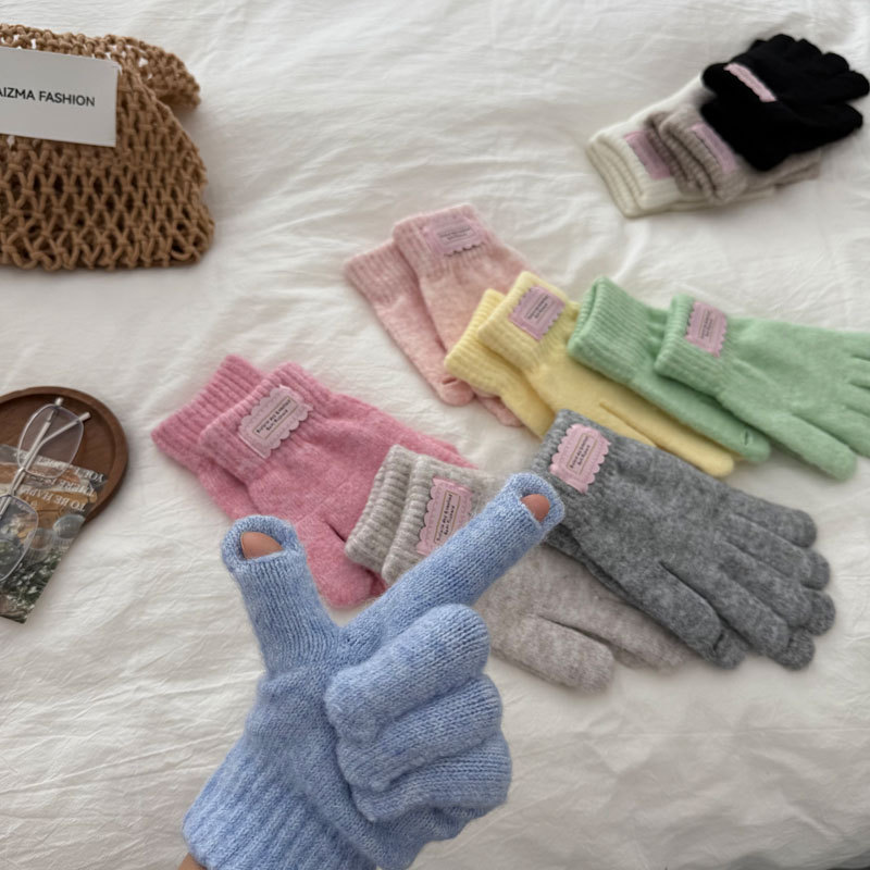 韩系针织手套女秋冬季ins日系百搭毛线露指可触屏加厚保暖学生