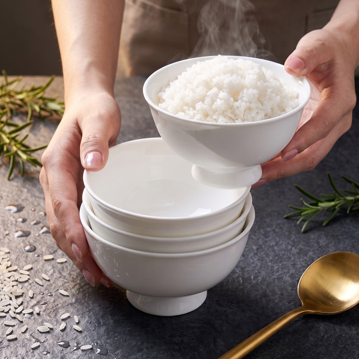 纯白色骨瓷小碗陶瓷吃饭家用简约餐具套装防烫高脚10个米饭碗轻奢