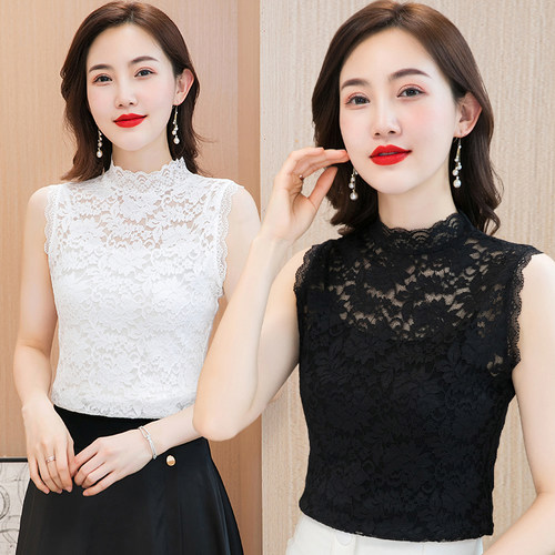 百搭半高领防走光蕾丝吊带背心女