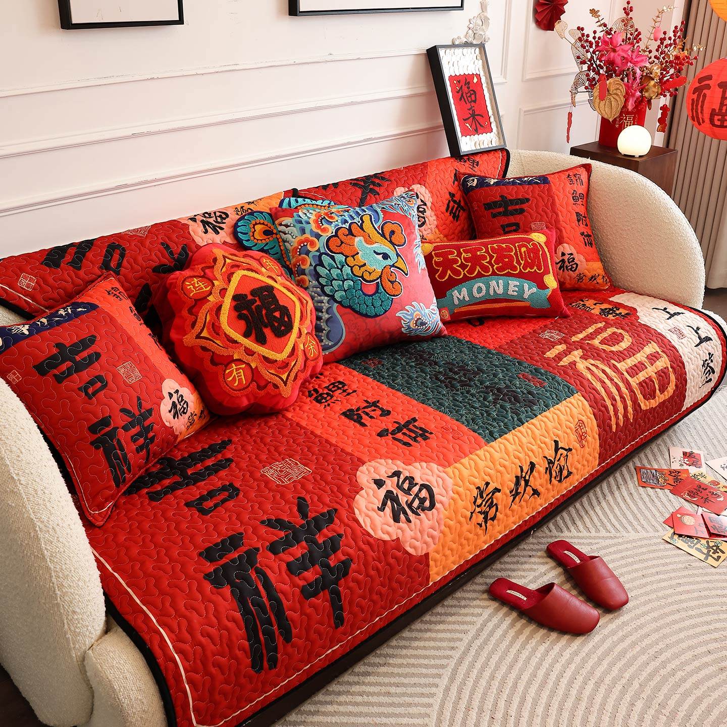 枕西湖红色沙发垫新年喜庆春节沙发套罩四季防滑客厅布置高档盖布,居家布艺,沙发垫,淘宝优惠券,粉丝福利购,淘宝优惠卷