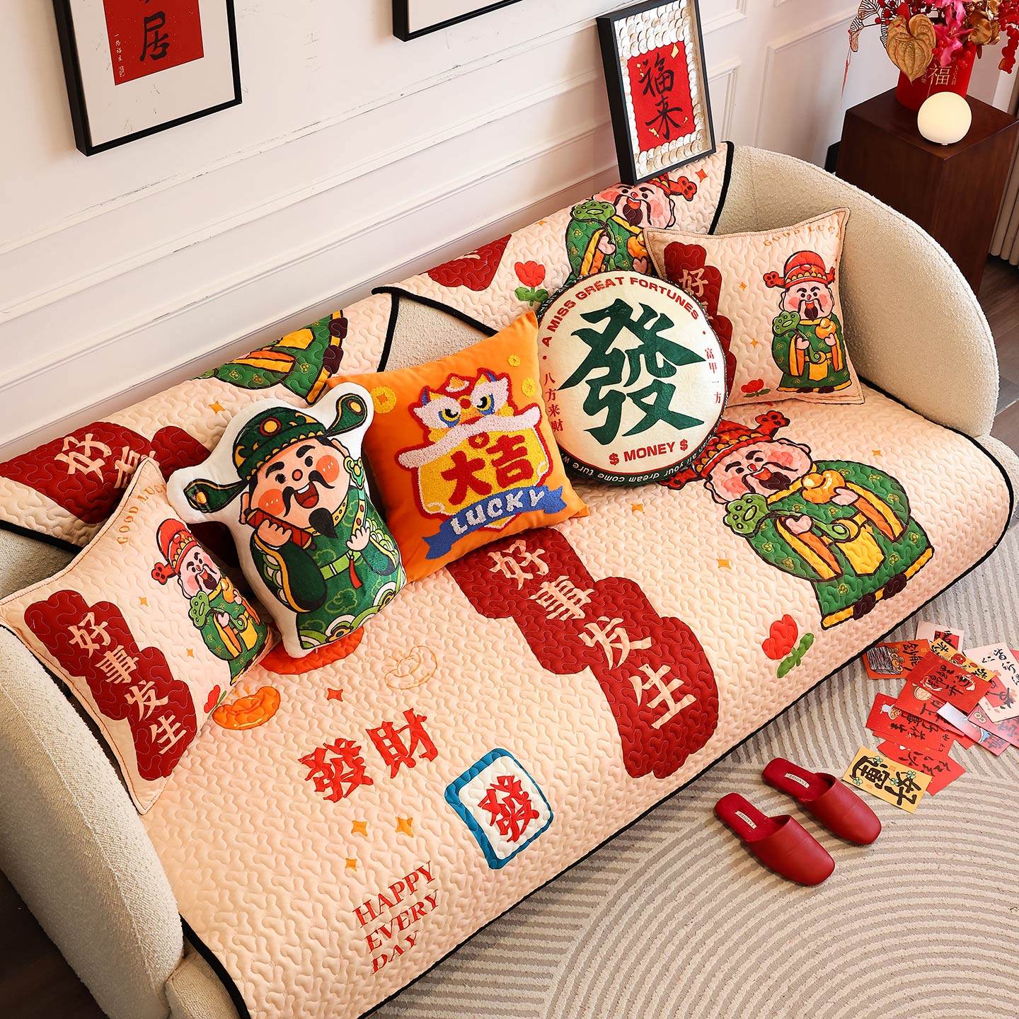 枕西湖新年款中式国潮沙发垫红色喜庆防滑四季盖布过年布置坐垫套,居家布艺,沙发垫,淘宝优惠券,粉丝福利购,淘宝优惠卷
