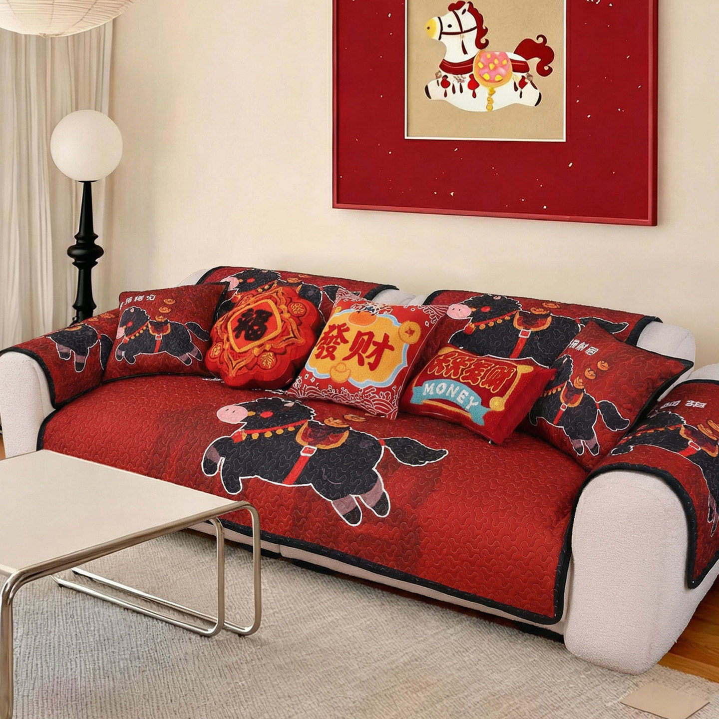 枕西湖新年款沙发垫过年喜庆装饰四季防滑2026春节布置沙发套罩巾,居家布艺,沙发垫,淘宝优惠券,粉丝福利购,淘宝优惠卷