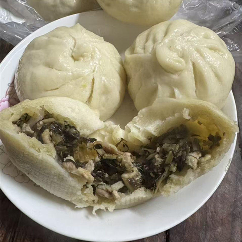 苏北盐城手工老酵麻马菜馒头包子马齿苋萝卜丝雪菜肉丝包子现做图片