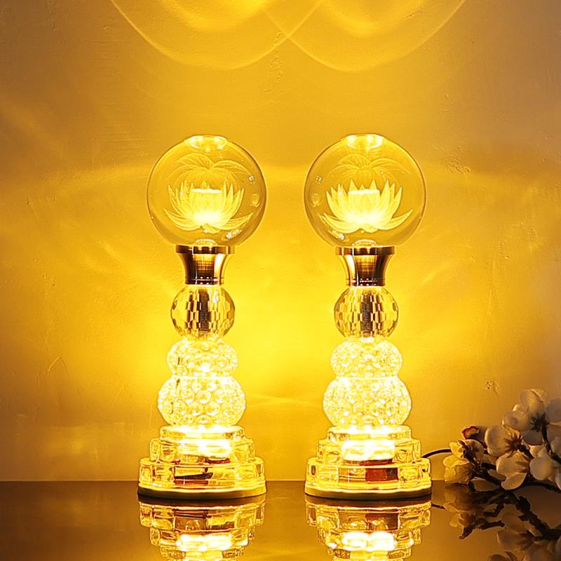 佛供灯七彩长明灯荷花灯LED玻璃莲花灯莲花观音佛灯插电家用供台