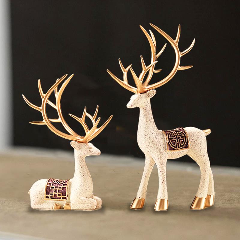 新中式客厅摆件酒柜玄关动物装饰品书房电视柜麋鹿工艺品