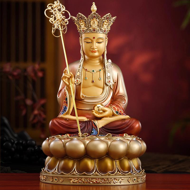 纯铜彩绘地藏王菩萨家用供奉太古彩地藏菩萨佛像娑婆三圣客厅摆件