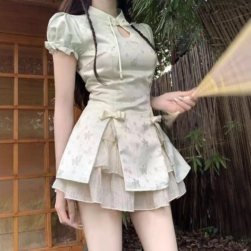 新中式上衣短裙套装女春夏2025新款时尚减龄洋气短袖连衣裙两件套