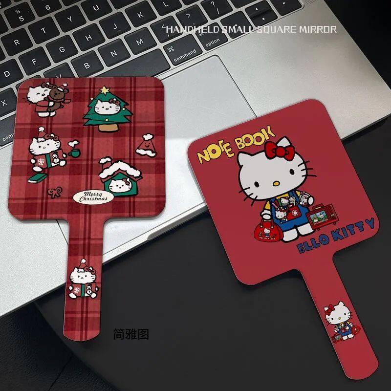 红色手持镜HelloKitty双面图案方形高清手柄式小镜子学生梳饭卡套