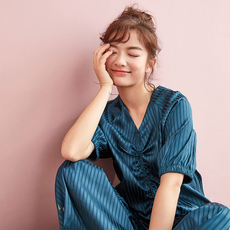 花灌居家服女春夏短袖丝滑条纹可爱文艺学生宽松睡衣秋套装