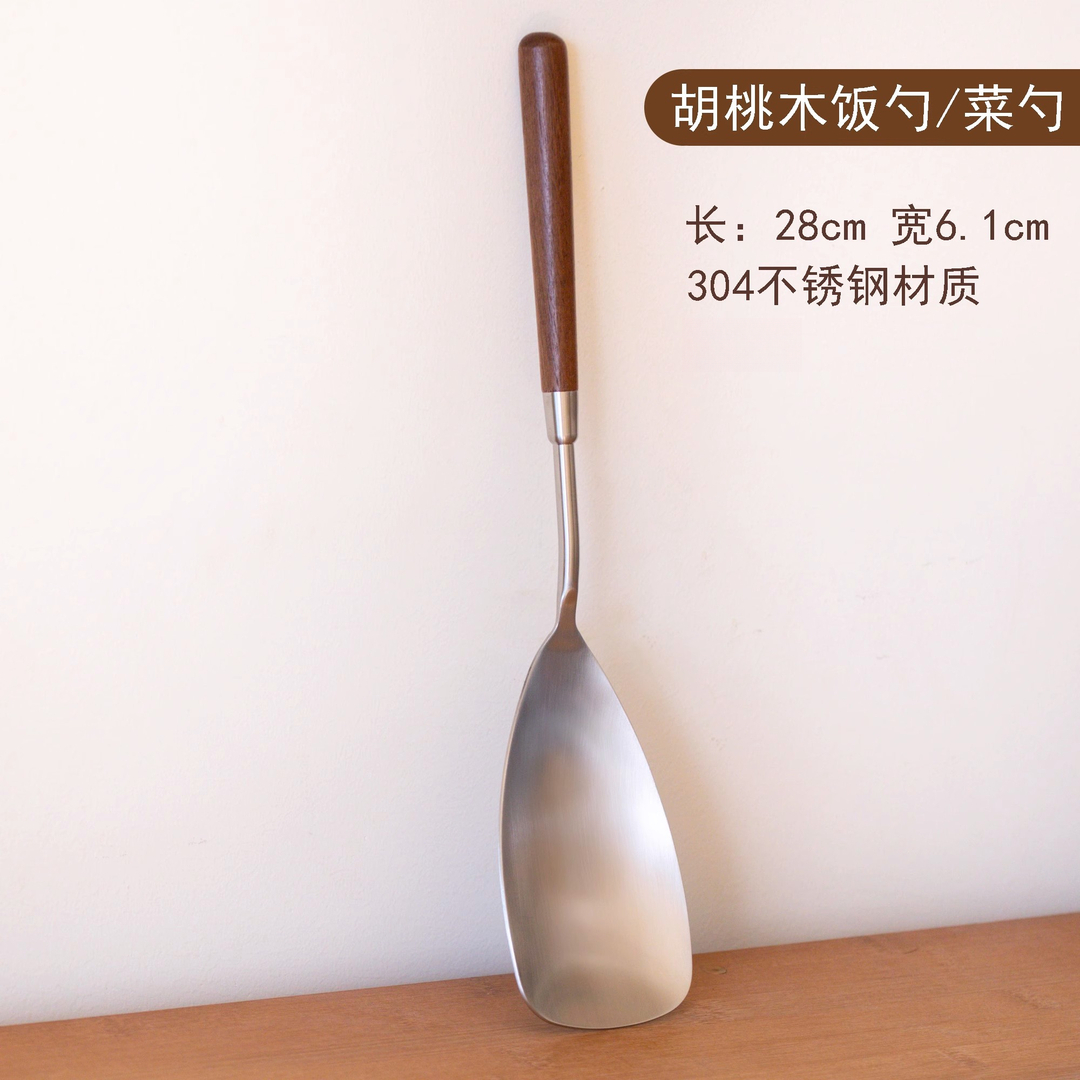 家用长柄新款一体锅铲304不锈钢仿胡桃木防烫木柄煎铲炒菜铲汤勺