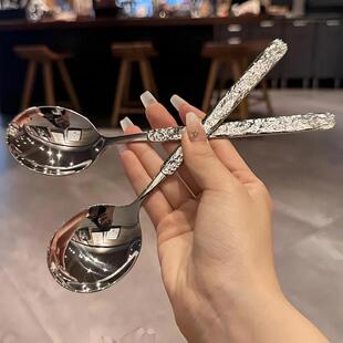 餐厅吃饭勺搅拌长柄勺韩式 漂亮 勺不锈钢冰裂纹餐勺 自留款