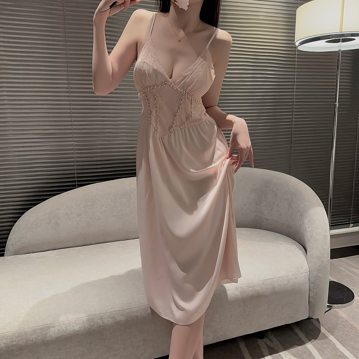 冰丝缎面睡衣性感纯欲蕾丝宫廷风