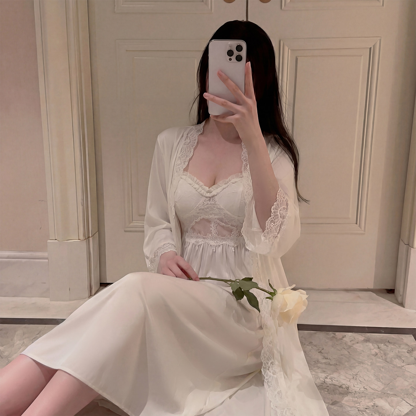 法式蕾丝吊带睡裙两件套女春夏季