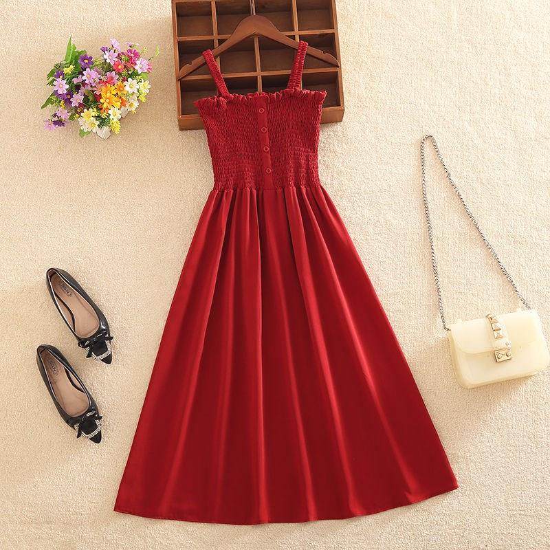 2019夏季新款吊带A字裙女雪纺甜美淑女蓬蓬裙少女修身韩版连衣裙