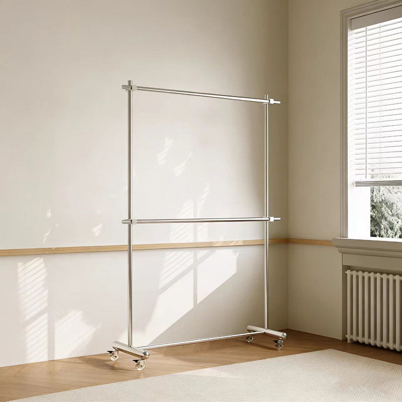 服装店展示架拉丝不锈钢衣架落地式挂衣架家用可调节带轮子可移动