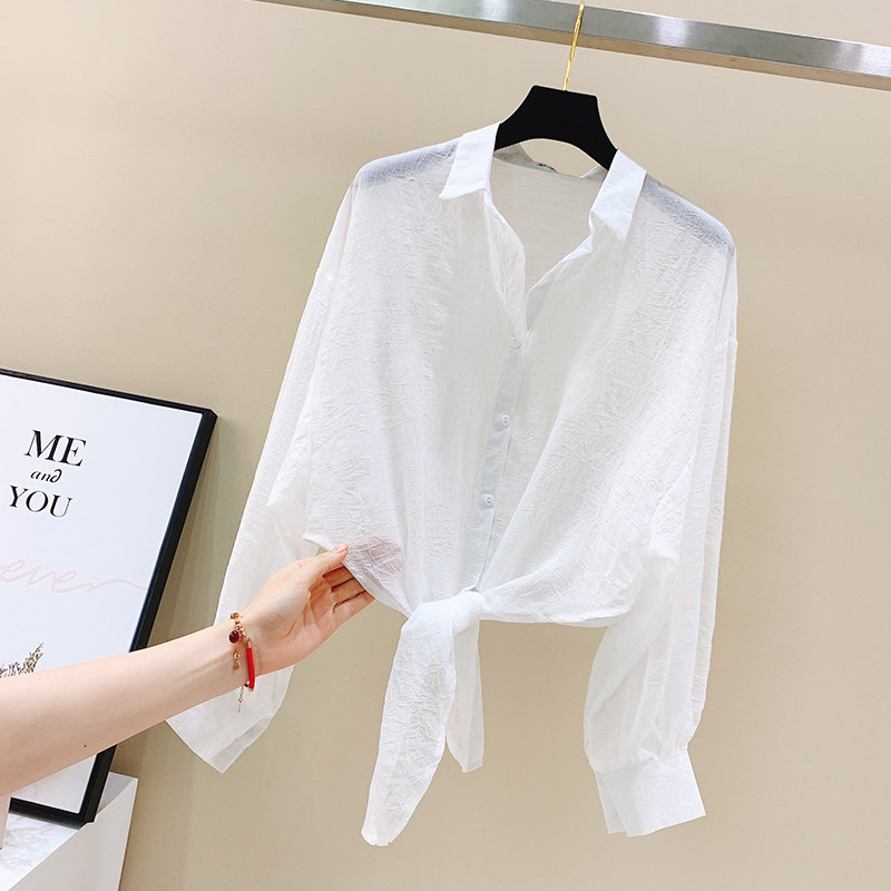 夏天防晒雪纺衬衫女2020新款韩版短款外搭上衣百搭灯笼袖小衫簿款