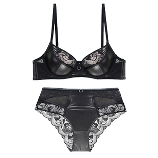 夏季性感聚拢内衣内裤套装女士火辣黑色纯欲皮革蕾丝文胸薄款上托