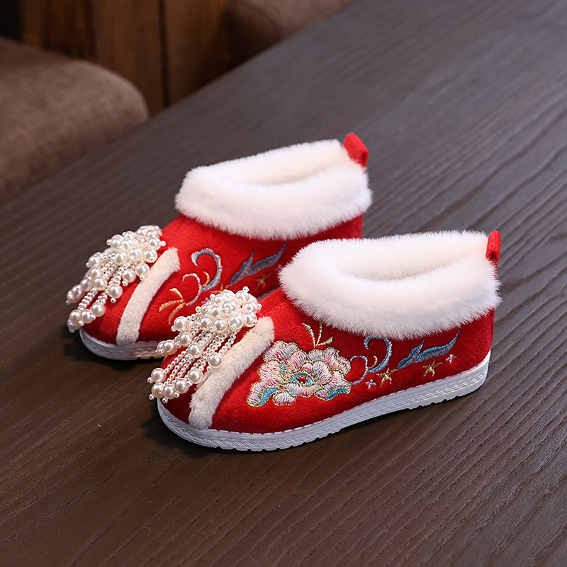 冬新款儿童汉服鞋新中式女童绣花鞋古风鞋子宝宝保暖红色拜年棉鞋