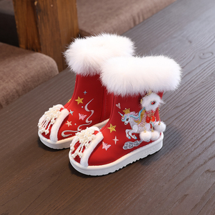 冬季女童加绒汉服鞋中国风棉靴儿童防水皮靴绣花鞋宝宝雪地靴棉鞋