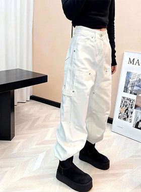 加绒加厚2025秋冬高腰白色弯刀裤牛仔裤女宽松显瘦阔腿裤休闲长裤