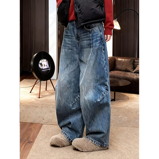 复古高腰阔腿牛仔裤女2026新款宽松显瘦百搭蓝色弯刀裤垂感长裤