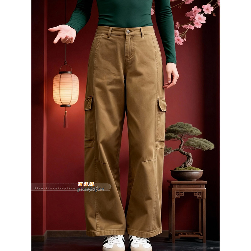 工装风卡其色多口袋阔腿裤女2026春季新款宽松显瘦慵懒风休闲长裤,女装/女士精品,休闲裤,淘宝优惠券,粉丝福利购,淘宝优惠卷