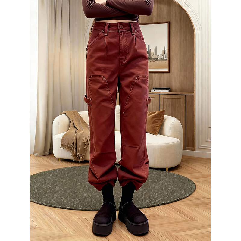 2026年春季新款复古红色高腰弯刀裤女多口袋束脚工装裤显瘦休闲裤,女装/女士精品,休闲裤,淘宝优惠券,粉丝福利购,淘宝优惠卷