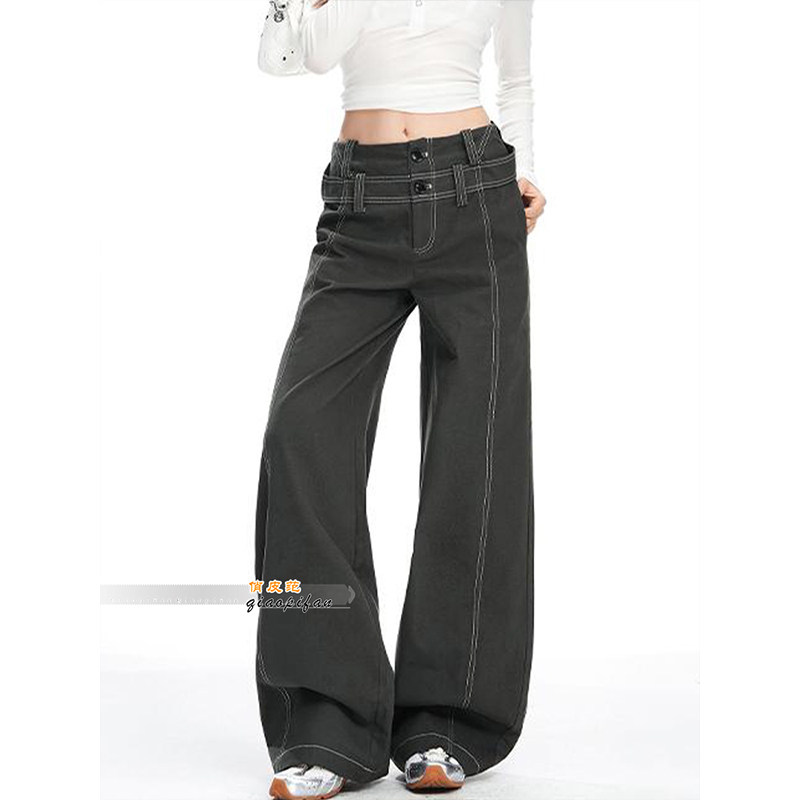 港风复古设计感双腰头阔腿裤女2026春季新款设计感显瘦拖地长裤,女装/女士精品,牛仔裤,淘宝优惠券,粉丝福利购,淘宝优惠卷