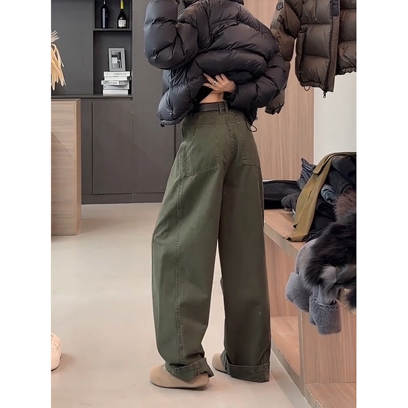加绒保暖工装风军绿色阔腿牛仔裤2025冬季宽松显瘦百搭直筒弯刀裤