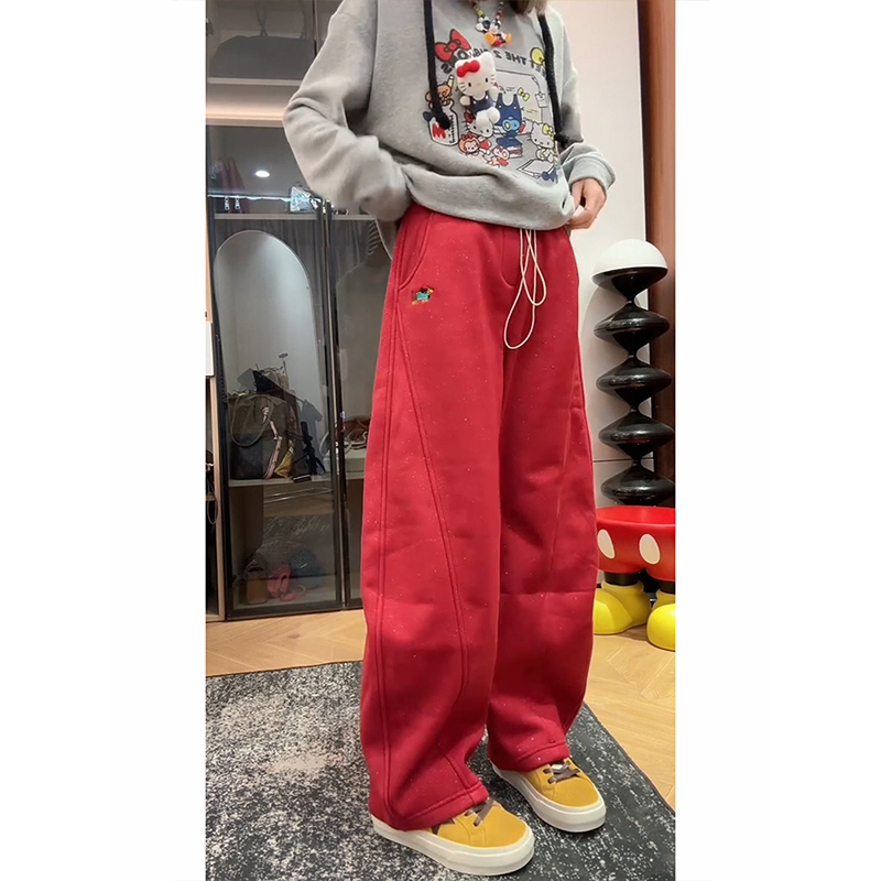 红色拼色双腰刺绣束脚卫裤