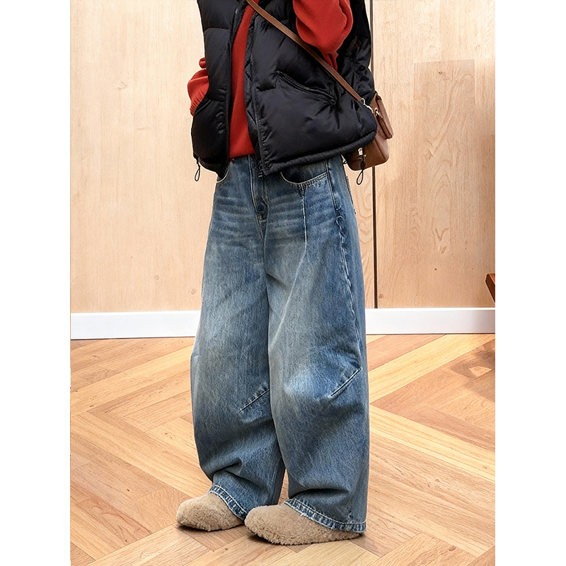 加绒加厚复古高腰阔腿牛仔裤2025