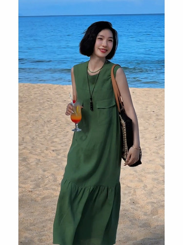 法式优雅宽松亚麻鱼尾连衣裙女
