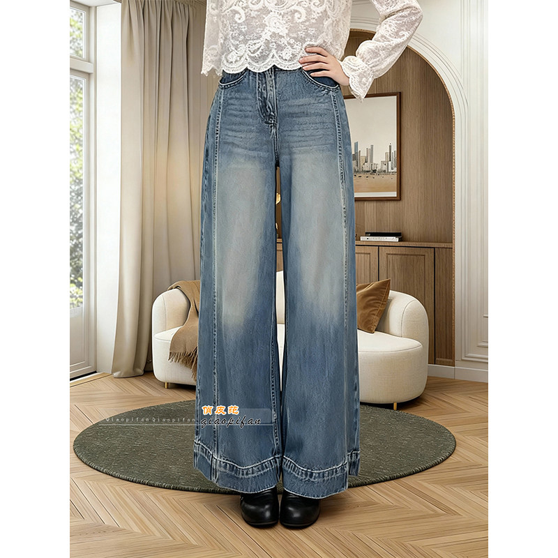 高级感港风复古蓝色阔腿牛仔裤女2026春季高腰百搭宽松显瘦直筒裤,女装/女士精品,牛仔裤,淘宝优惠券,粉丝福利购,淘宝优惠卷